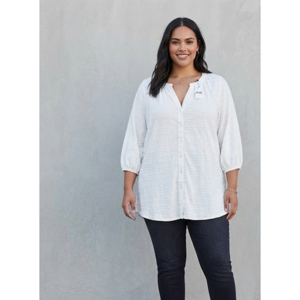 Lane Bryant Textured Cotton Modal Button Front Tunic Top White 22/24